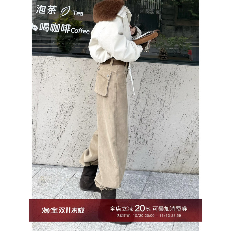 Missko Coco Huan Sister Autumn/Winter Vintage Washed Pocket Lined Thick Corduroy Straight Workwear Casual Pants