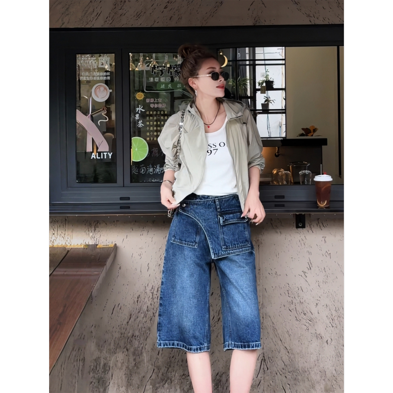 Missko Coco Huan's New Spring/Summer Vintage Faux Two-Piece Waist-Cinching Slimming Straight-Leg Denim Capri Pants