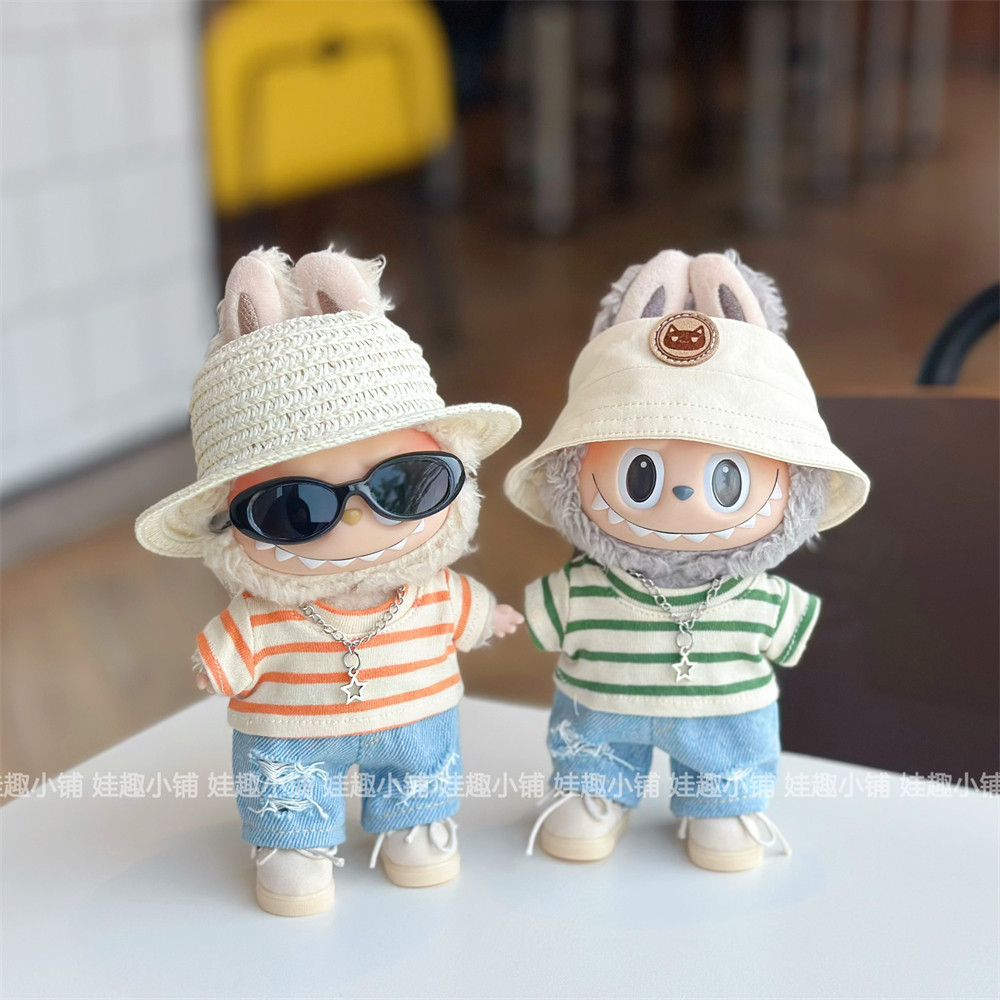 Ready-to-ship 17cm labubu striped t-shirt and ripped jeans outfit for dolls   summer edition!