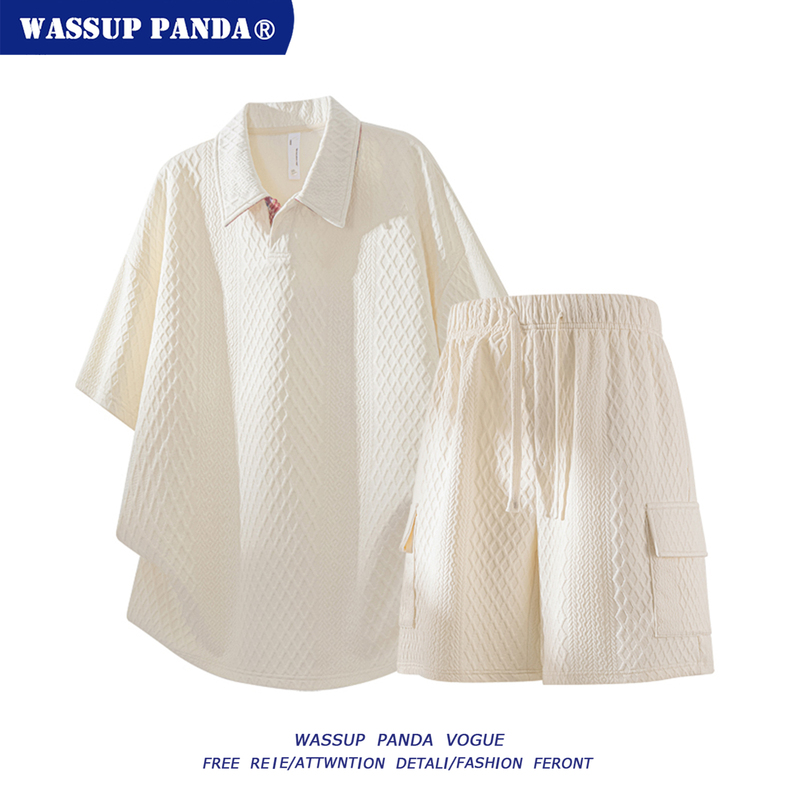 Wassup Panda Heavyweight Jacquard Short-Sleeved Polo Shirt Set for Men, Summer Diamond-Patterned T-Shirt and Shorts Set