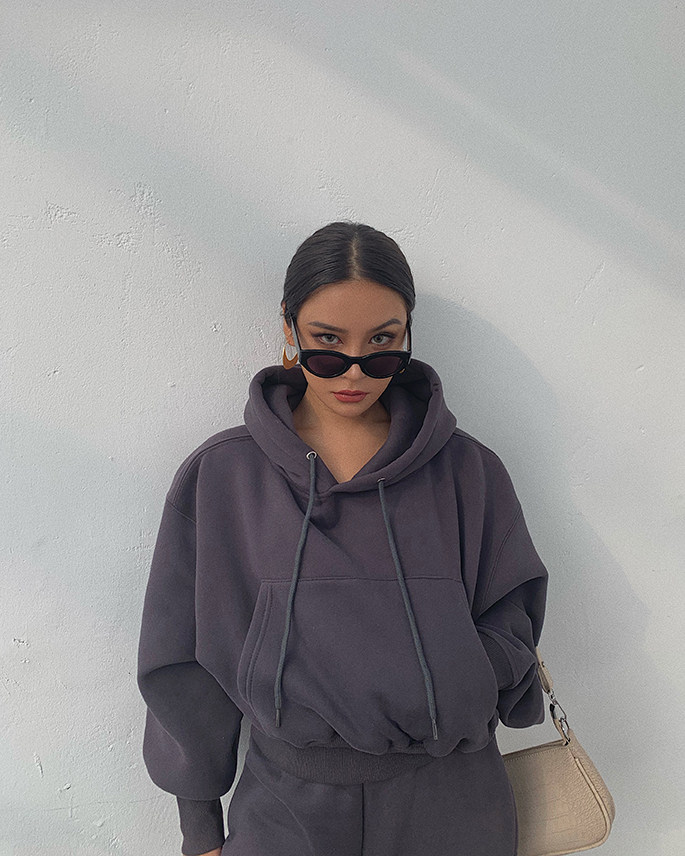 Basic Wear Black Charcoal Hoodies for Women Autumn Winter Loose Fleece Hooded Sweatshirts Streetwear Cropped Pullovers