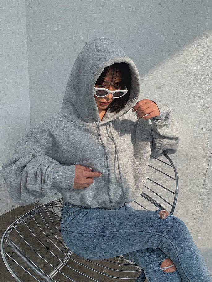 Basic Wear Black Charcoal Hoodies for Women Autumn Winter Loose Fleece Hooded Sweatshirts Streetwear Cropped Pullovers