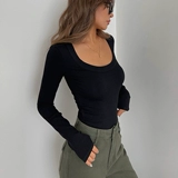 Домашняя широко окрашенная круглая шея T сплошной цветовой наряд с высококлассным простым и универсальным стройным топом по базовой рубашке с длинными рукавами