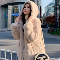 2021oversize Korean version of loose plush jacket female winter imitation Rex rabbit fur fur long hooded coat