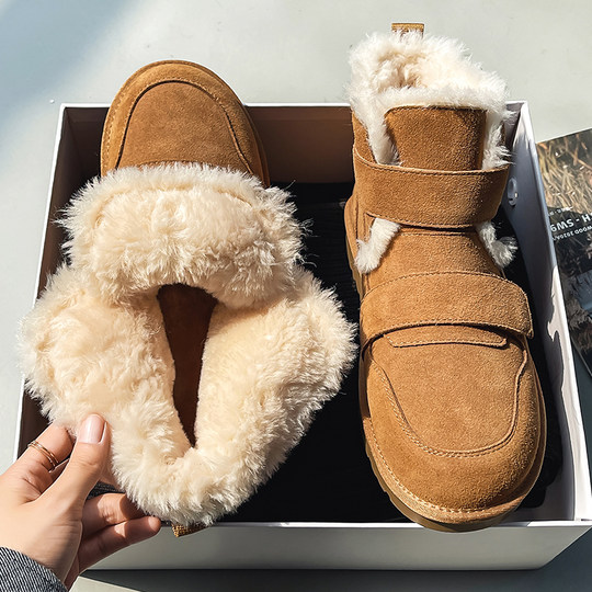 Men's Winter Snow Boots with Plush Lining, Thickened Cotton Shoes for Women, Warm Couple Style Loafers, Genuine Leather Cold-Resistant Cotton Boots