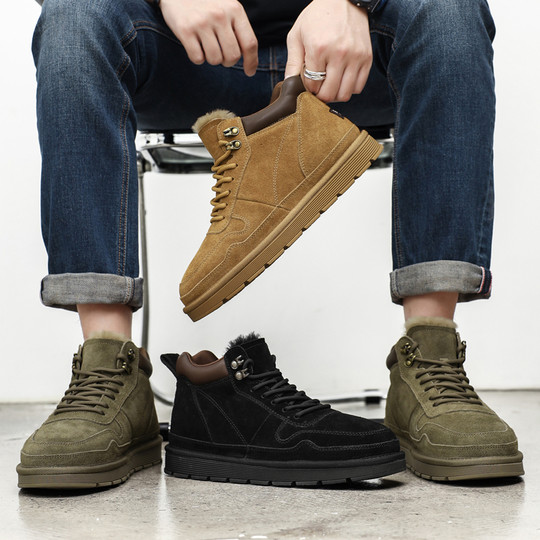 Men's Wool Snow Boots, Cold-Resistant, Warm, Outdoor Non-Slip Genuine Leather Short Boots, Winter Fleece-Lined, Thickened, High-Top Cotton Shoes for Northeast