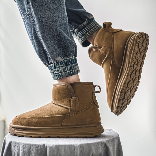 Men's Snow Boots, Northeast Cold-Resistant, Non-Slip Loafers, Trendy Genuine Leather High-Top Winter Shoes, Fleece-Lined, Thickened, Warm Large Cotton Shoes