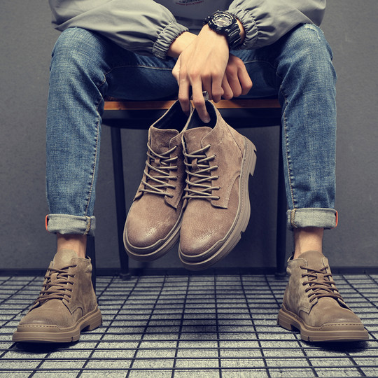 Martin Boots for Men, Winter Fleece-Lined High-Top Shoes, British Style Genuine Leather Short Boots, Mid-Top Retro Trendy Casual Work Boots