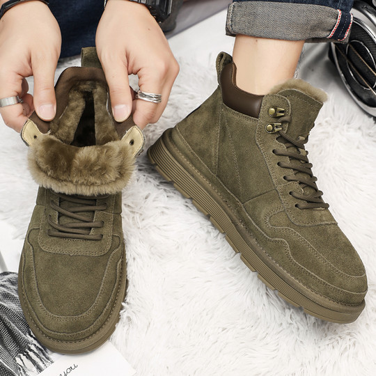 Men's Wool Snow Boots for Outdoor Use, Cold-Resistant, Non-Slip, Genuine Leather, Winter Fleece-Lined, Thickened, Warm, High-Top, Large Cotton Shoes for Northeast