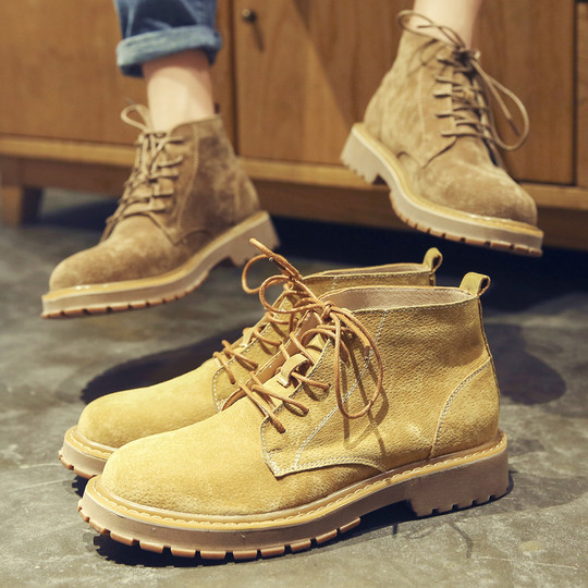 Martin Boots for Men, Winter Fleece-Lined High-Top Shoes, Retro Trendy Genuine Leather Casual Short Boots, Mid-Top British Style Work Boots