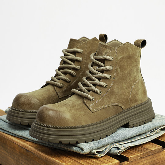 Martin Boots for Men, Winter High-Top Shoes with Fleece Lining, British Style Short Boots, Trendy Mid-Top Versatile Genuine Leather Korean Style Work Boots