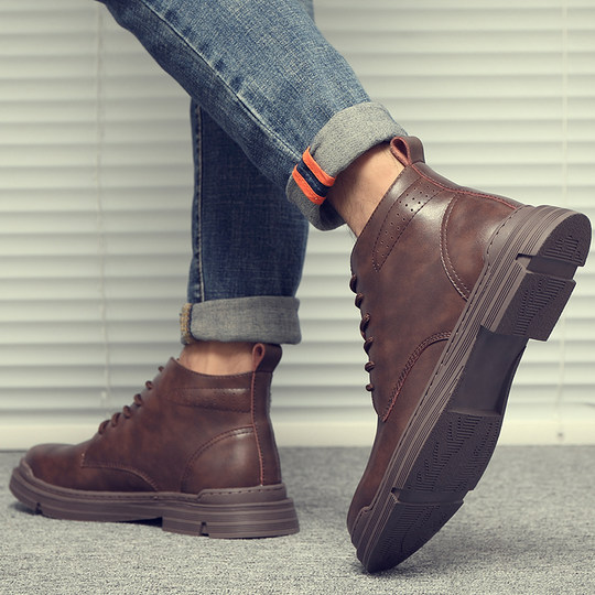 Martin Boots for Men, Winter Fleece-Lined High-Top Shoes, Trendy Genuine Leather Versatile Korean Style Mid-Top Retro British Style Work Boots