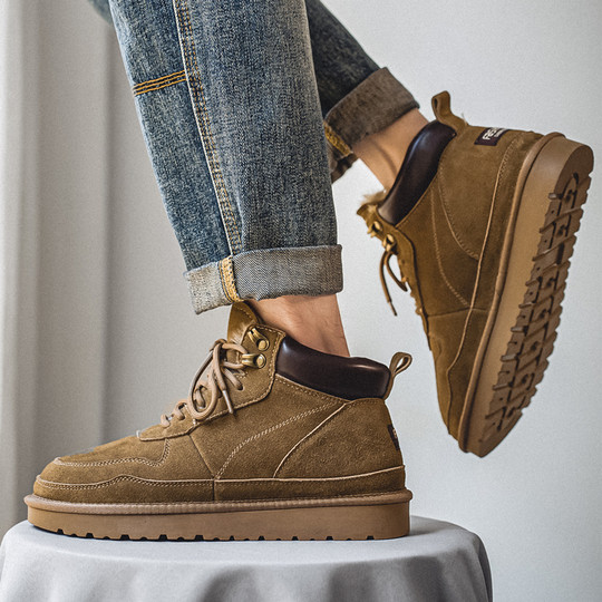 Men's Snow Boots for Outdoor Use, Cold-Resistant, Non-Slip, Genuine Leather, Winter Fleece-Lined, Thickened, Warm, High-Top, Large Cotton Shoes for Northeast