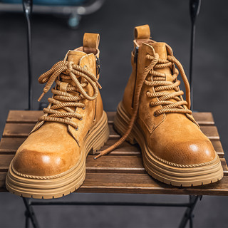 Martin Boots for Men, New Winter Style, Genuine Leather High-Top Shoes, British Style, Thick-Soled, Couple's Yellow Boots, Fleece-Lined Mid-Top Work Boots