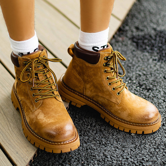 Martin Boots for Men, Winter High-Top, Fleece-Lined, British Style, Genuine Leather, Yellow Boots, Retro Casual Trendy Mid-Top Work Boots