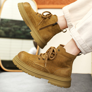 Martin Boots for Men 2025 New Summer Hollow Breathable Couple High-Top Shoes Genuine Leather Mid-Top Thick-Soled Work Boots