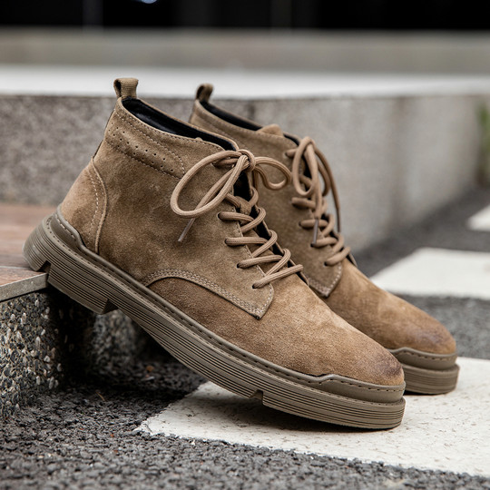 Winter Martin Boots for Men, Fleece-Lined High-Top Shoes, Trendy Genuine Leather Short Boots, British Style Mid-Top Snow Boots, Retro Work Boots