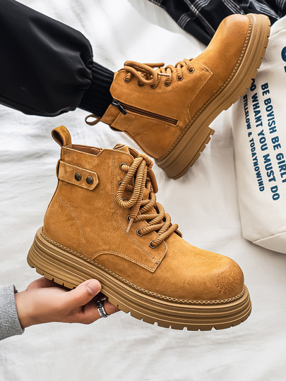 Martin Boots for Men, Winter Genuine Leather High-Top Shoes, British Style Thick-Soled Couple's Yellow Boots, Fleece-Lined Outdoor Mid-Top Work Boots