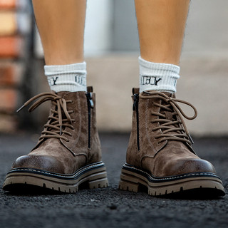 Martin Boots for Men, Winter Fleece-Lined High-Top Shoes, Genuine Leather Casual Retro Short Boots, Mid-Top British Style Thick-Soled Work Boots