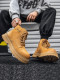 Martin Boots for Men, Winter Genuine Leather High-Top Shoes, British Style Thick-Soled Couple's Yellow Boots, Fleece-Lined Outdoor Mid-Top Work Boots