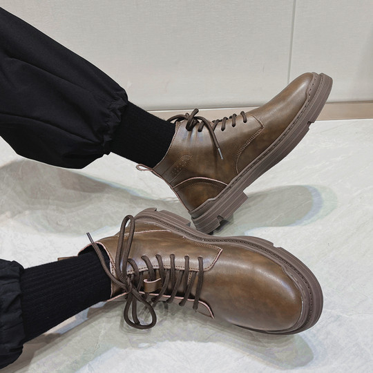 Martin Boots for Men, Winter Fleece-Lined High-Top Shoes, Genuine Leather, Trendy New Retro Short Boots, Mid-Top British Style Work Boots