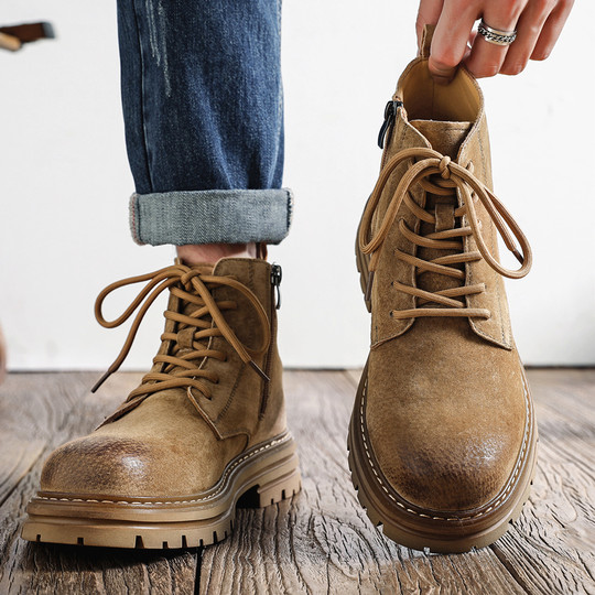 Martin Boots for Men, Winter Mid-Top, Fleece-Lined, Trendy, Versatile, British Style, Korean Version, High-Top Shoes, Genuine Leather, Retro Work Boots