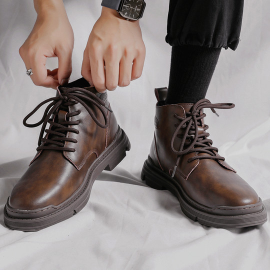 Martin Boots for Men, Autumn Mid-Top British Style, New Genuine Leather Breathable High-Top Shoes, Retro Korean Style Trendy Work Boots