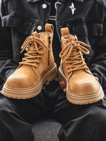 Martin Boots for Men 2025 New Winter Genuine Leather High-Top Shoes British Style Mid-Top Fleece-Lined Thick-Soled Retro Work Boots