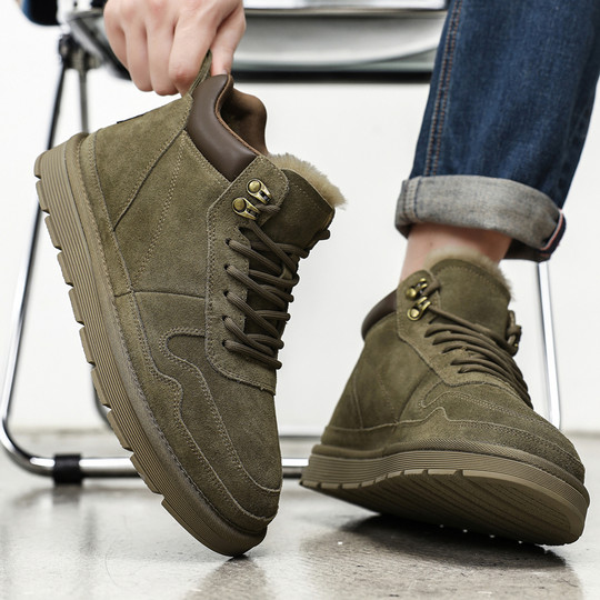 Men's Wool Snow Boots, Cold-Resistant, Warm, Outdoor Non-Slip Genuine Leather Short Boots, Winter Fleece-Lined, Thickened, High-Top Cotton Shoes for Northeast