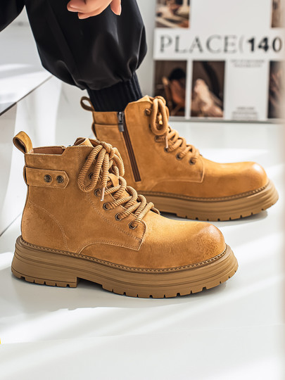 Martin Boots for Men, Winter Genuine Leather High-Top Shoes, British Style Thick-Soled Couple's Yellow Boots, Fleece-Lined Outdoor Mid-Top Work Boots