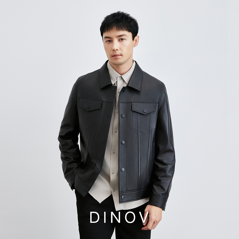 Fashionable Gentleman Men's Genuine Leather Commuter Sheepskin Lapel Short Leather Jacket Casual Coat Autumn New Style