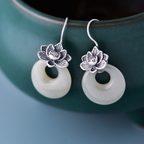 Earrings Female Sterling Silver 2020 New Tide Fashion Vintage Hetian Jade Earrings Ping Buckle Ethnic Wind Lotus Earrings