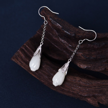 Magnolia earrings female sterling silver fashion temperament National style jewelry Hetian jade earrings long face thin silver earrings