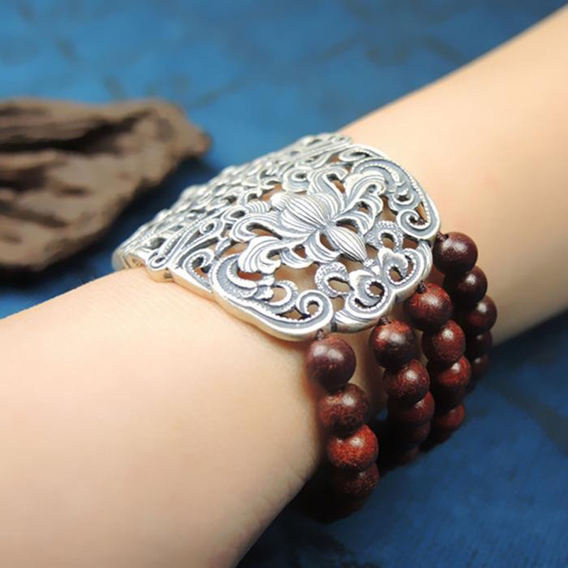 Small-Leaf Rosewood Bracelet for Women, Pure Silver Multi-Layer Vintage Silver Jewelry, Old Silver Hand Jewelry, Wide Wristband, Ethnic Style Gift Bracelet