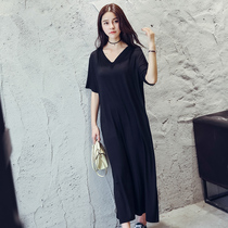 2022 pregnant woman dress in spring and summer new Korean version Loose Mop Skirt Modale V Collar Open Fork Short Sleeve Dress dress Long dress