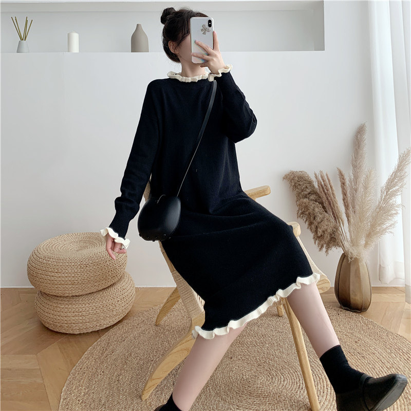 Maternity wear autumn and winter new half high-neck knitted bottoming sweater women's over-the-knee mid-length version with loose dress