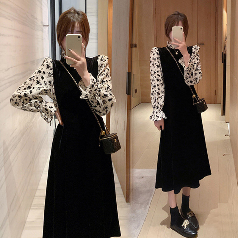 2022 Fall new splicing false Two large size Temperament Fairy femme Slim Velvety Mid-Pregnancy Woman Dress Foreign Dress