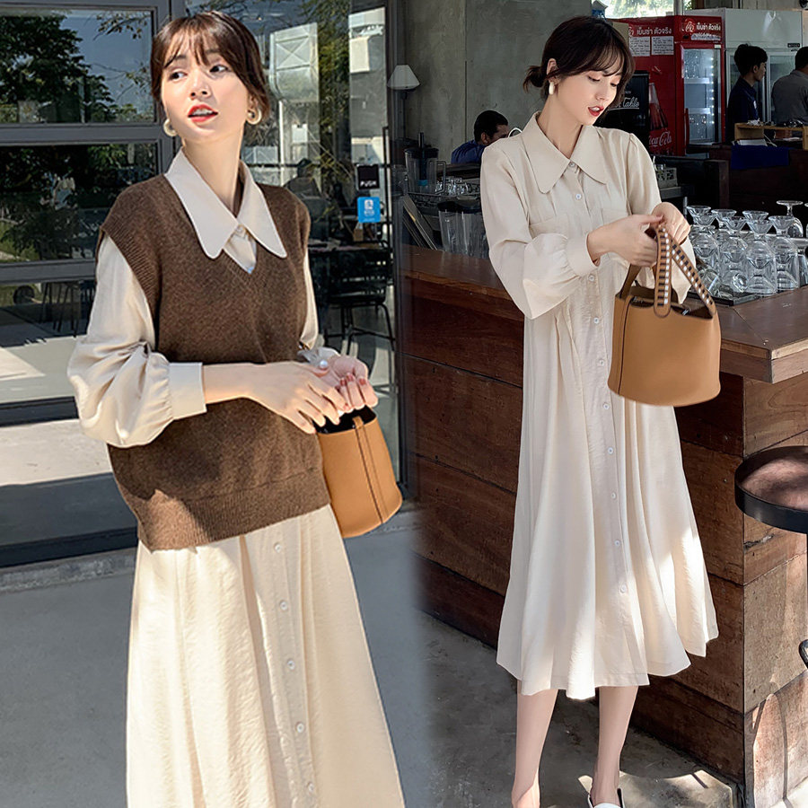 Maternity suit 2022 autumn new large size loose and thin shirt-style dress with vest sweater two-piece set