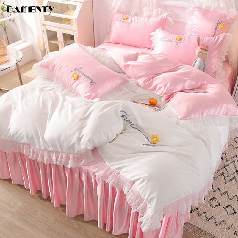 Ice silk princess style light luxury silk naked sleeping four-piece bed skirt bed sheet quilt cover cool feeling non-slip embroidery silk slippery tencel