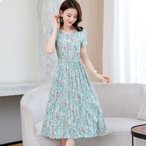 New summer skirt cotton silk floral dress womens short-sleeved slim mid-length artificial cotton large swing skirt beach skirt