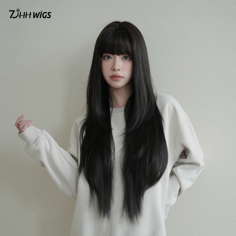 Black Long Straight Wig Full Headpiece for Women, Natural Black High-End Layered Bangs, Long Hair for Square and Round Faces, Jk Japanese Style