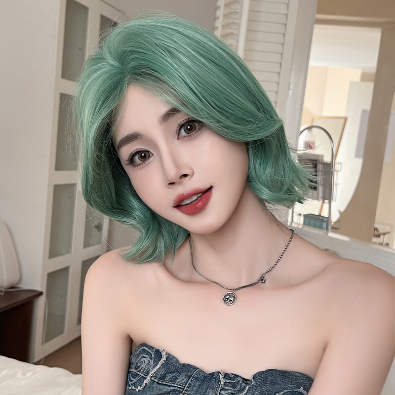 Mint Green Wig for Women, Short Hair, Full Head Wig, Short Curly Hair, Green Cosplay Dopamine Middle Part Full Wig