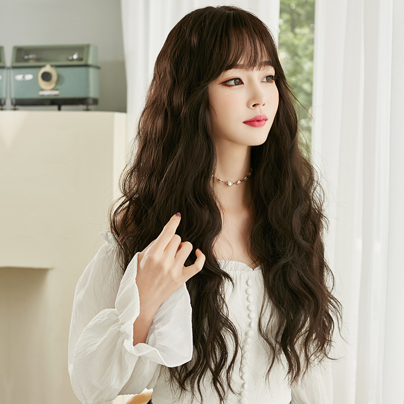 Wig for Women with Long Hair, Long Curly Hair, Internet Celebrity Style, Wool Curls, Air Bangs, Corn Perm, Natural and Fluffy, Full Head Wig Style