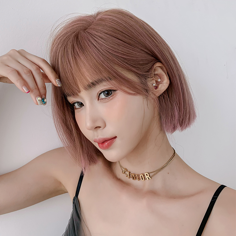 Wig for Women, Short Hair, Natural Internet Celebrity Style, Air Bangs, Fluffy Bob, Pink Full Wig, Unique Ear-Length Medium Short Hair Wig for Women, Short Hair, Natural Internet Celebrity Style, Air Bangs, Fluffy Bob, Pink Full Wig, Unique Ear-Length Medium Short Hair