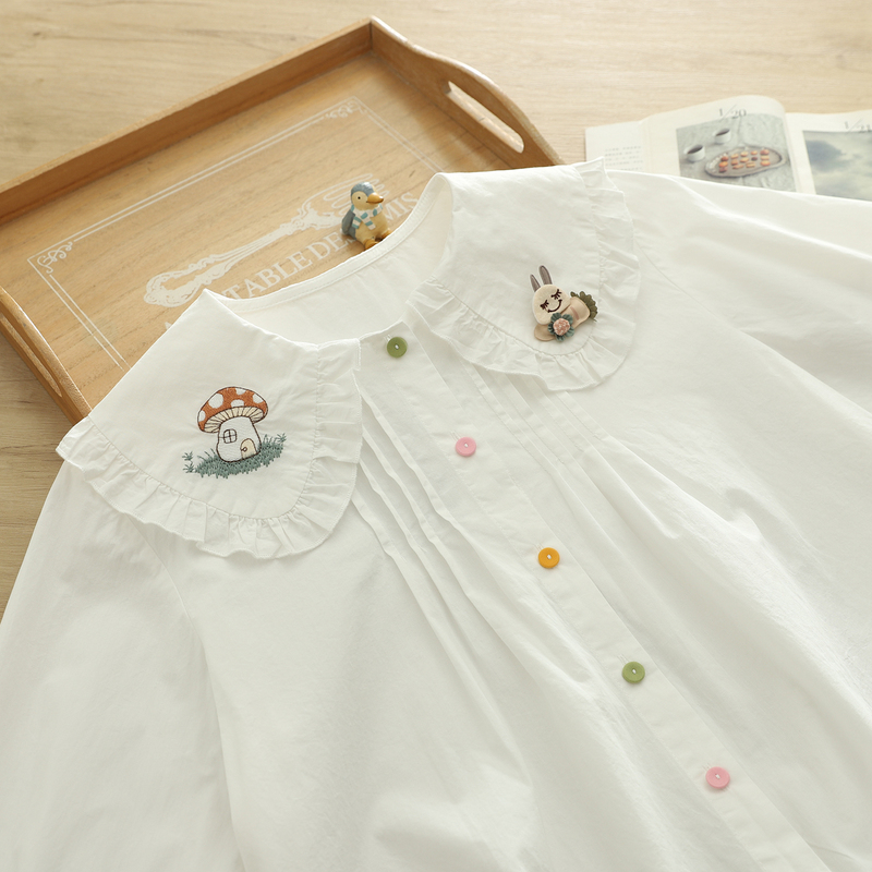 2026 Spring Artistic Fresh Cartoon Embroidery Mushroom Rabbit Flower Doll Collar Pure Cotton White Shirt Women's Long Sleeve Trendy