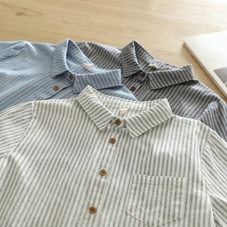 文艺小清新通勤竖条纹宽松纯棉内搭正肩衬衫女长袖打底衫学生潮