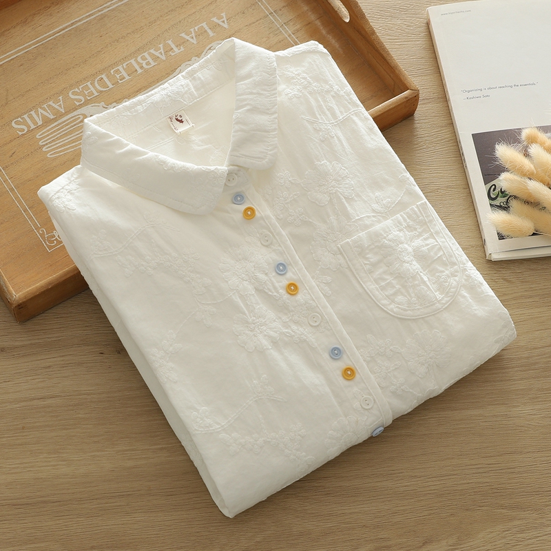 Gentle Petite Lace Embossed Plum Blossom Embroidery Colorful Button Pure Cotton Regular Shoulder White Shirt Women's Long-Sleeve Base Shirt for Commuting