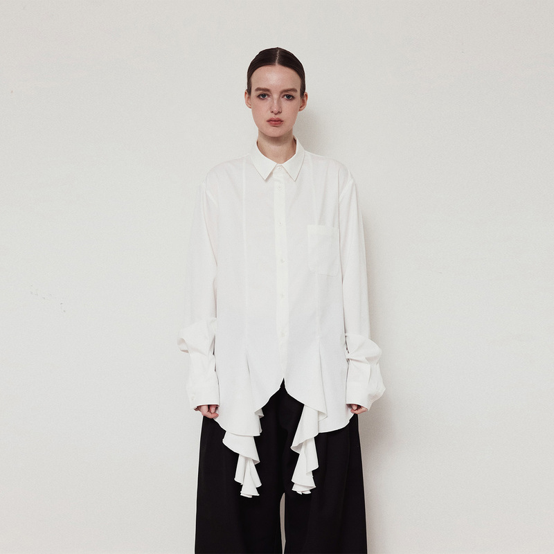 Wonderwen Palace-Style French Ruffled Hem Unisex Niche Design High-End Loose Wrinkle-Resistant White Shirt