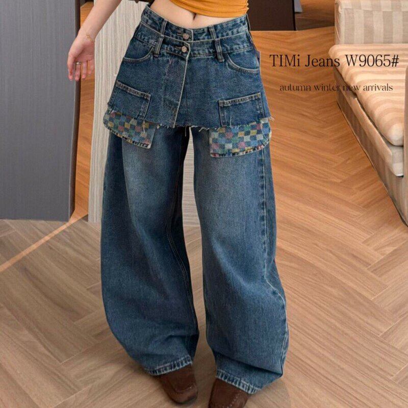 High-End Jeans 2026 Autumn New Style Double-Layer Buckle Fake Two-Piece Spliced Scimitar Pants Women's Versatile Floor-Length Pants High-End Jeans 2026 Autumn New Style Double-Layer Buckle Fake Two-Piece Spliced Scimitar Pants Women's Versatile Floor-Length Pants