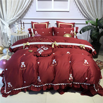 Bear long-duvet cotton embroidered lace red wedding celebration by the princess wind cotton bedding
